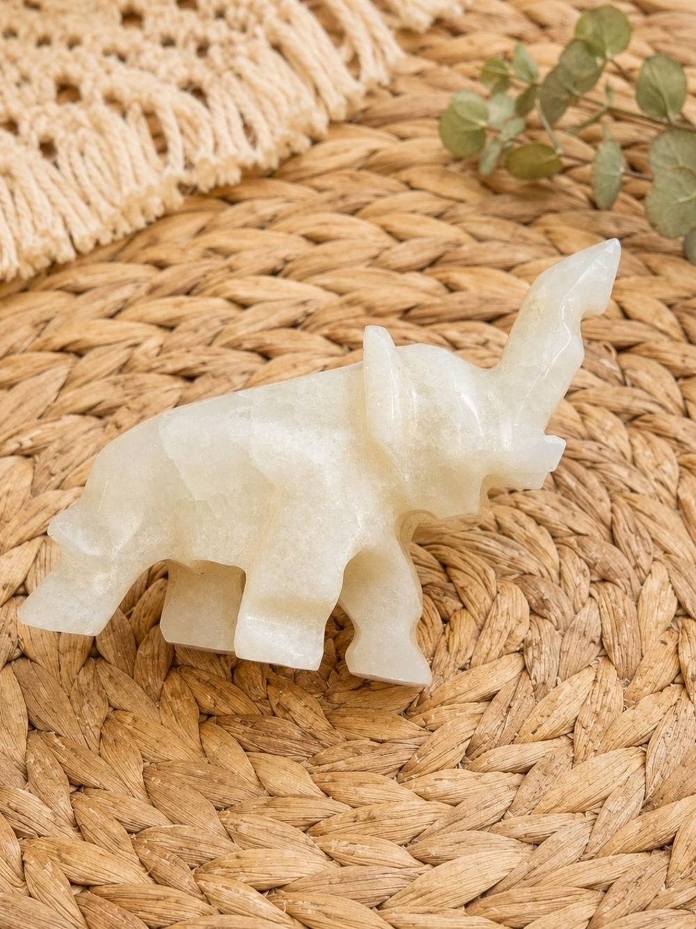 Vintage White Stone Elephant Figurine Carved Alabaster Crystal Decor